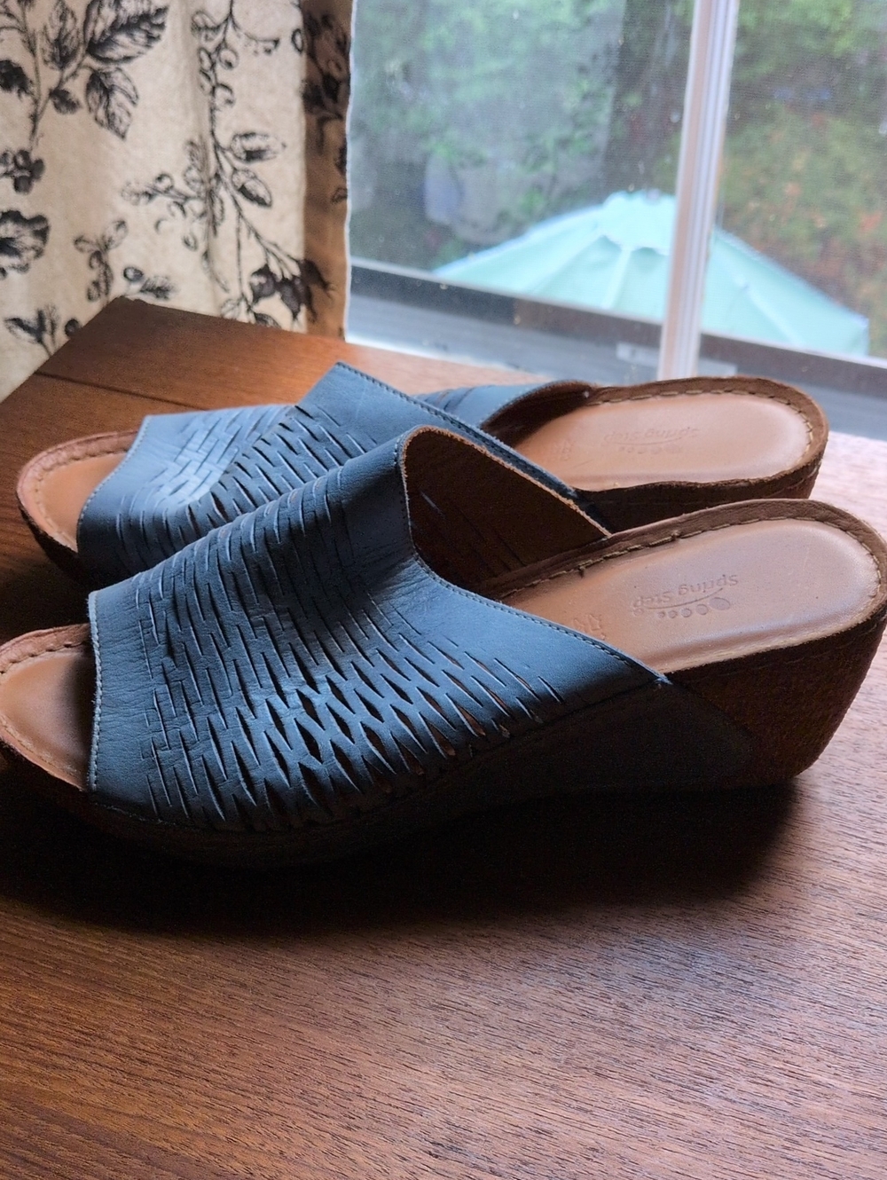 Spring step Blue Woven Leather Wedge Slide Sandals
